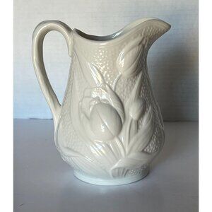 Vintage Bombay Company White Ceramic Pitcher Embossed Tulip Relief